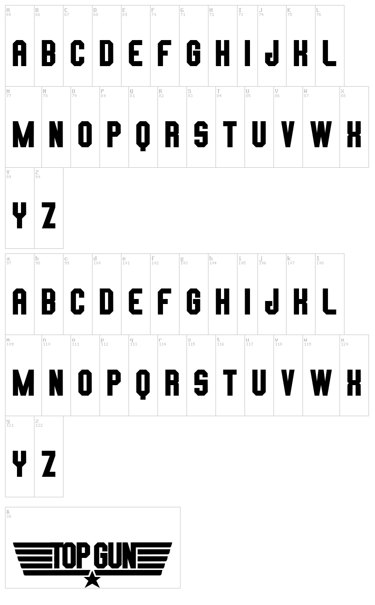 Top Gun font map